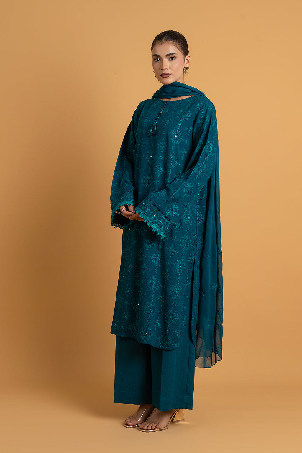 Embroidered & Embellished Teal Karandi Lawn 3-Piece Unstitched Suit by The Fabric Store, photo 3