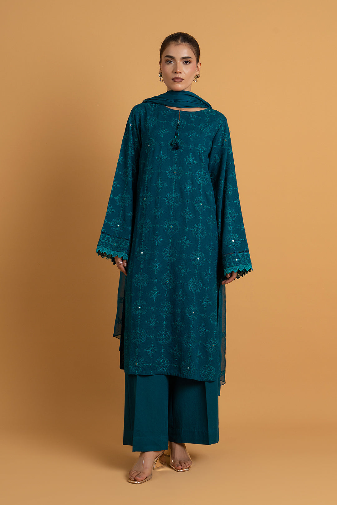 Embroidered & Embellished Teal Karandi Lawn 3-Piece Unstitched Suit by The Fabric Store