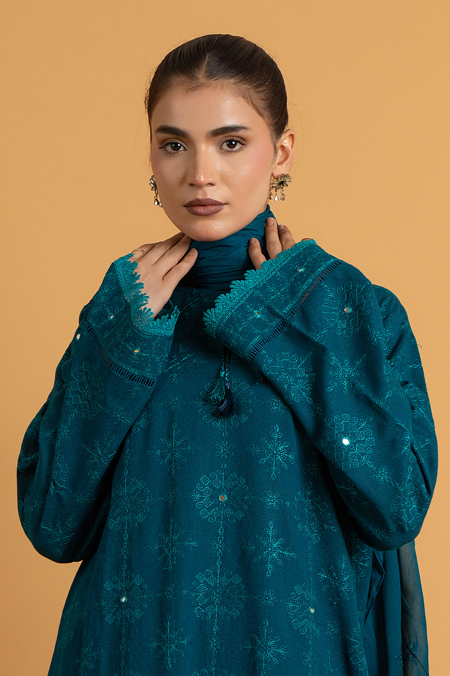 Embroidered & Embellished Teal Karandi Lawn 3-Piece Unstitched Suit by The Fabric Store, photo 4