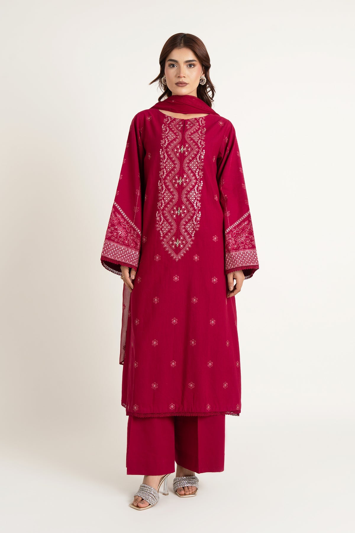 Embroidered Maroon Slub Khaddar 3-Piece Unstitched Suit by The Fabric Store