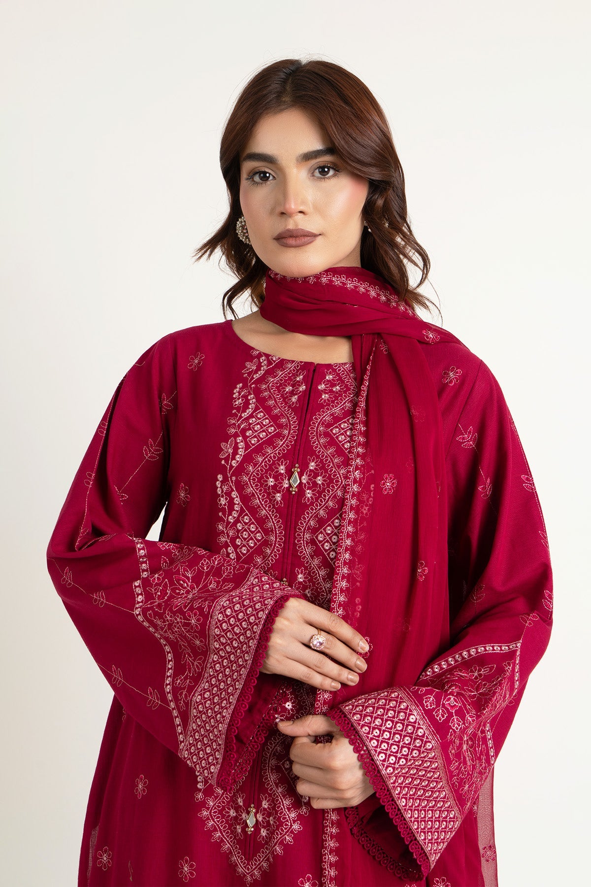 Embroidered Maroon Slub Khaddar 3-Piece Unstitched Suit by The Fabric Store, photo 2