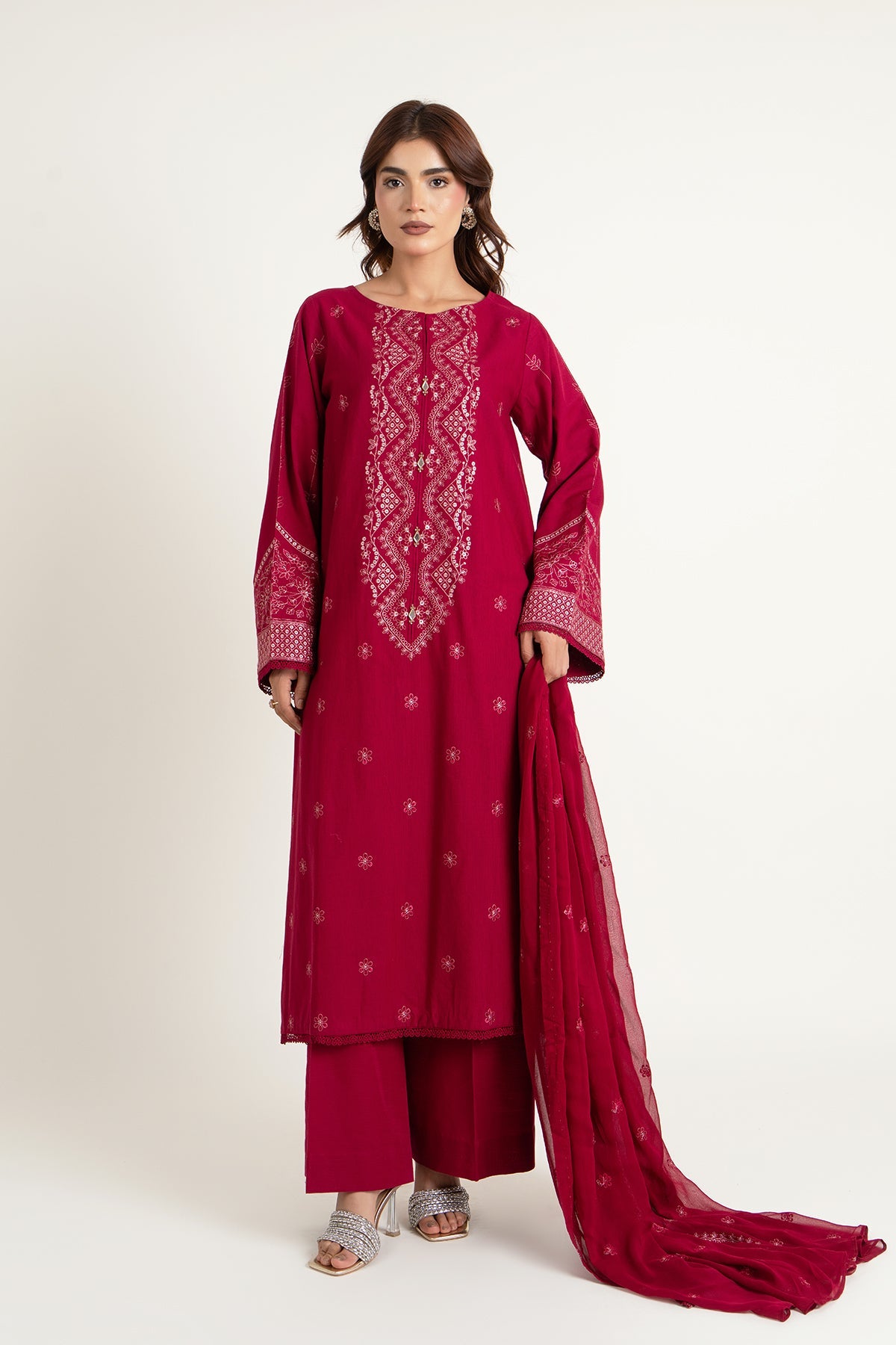 Embroidered Maroon Slub Khaddar 3-Piece Unstitched Suit by The Fabric Store, photo 3
