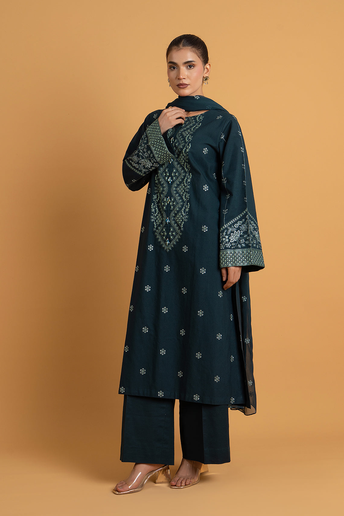 Embroidered Teal Slub Khaddar 3-Piece Unstitched Suit by The Fabric Store, photo 3