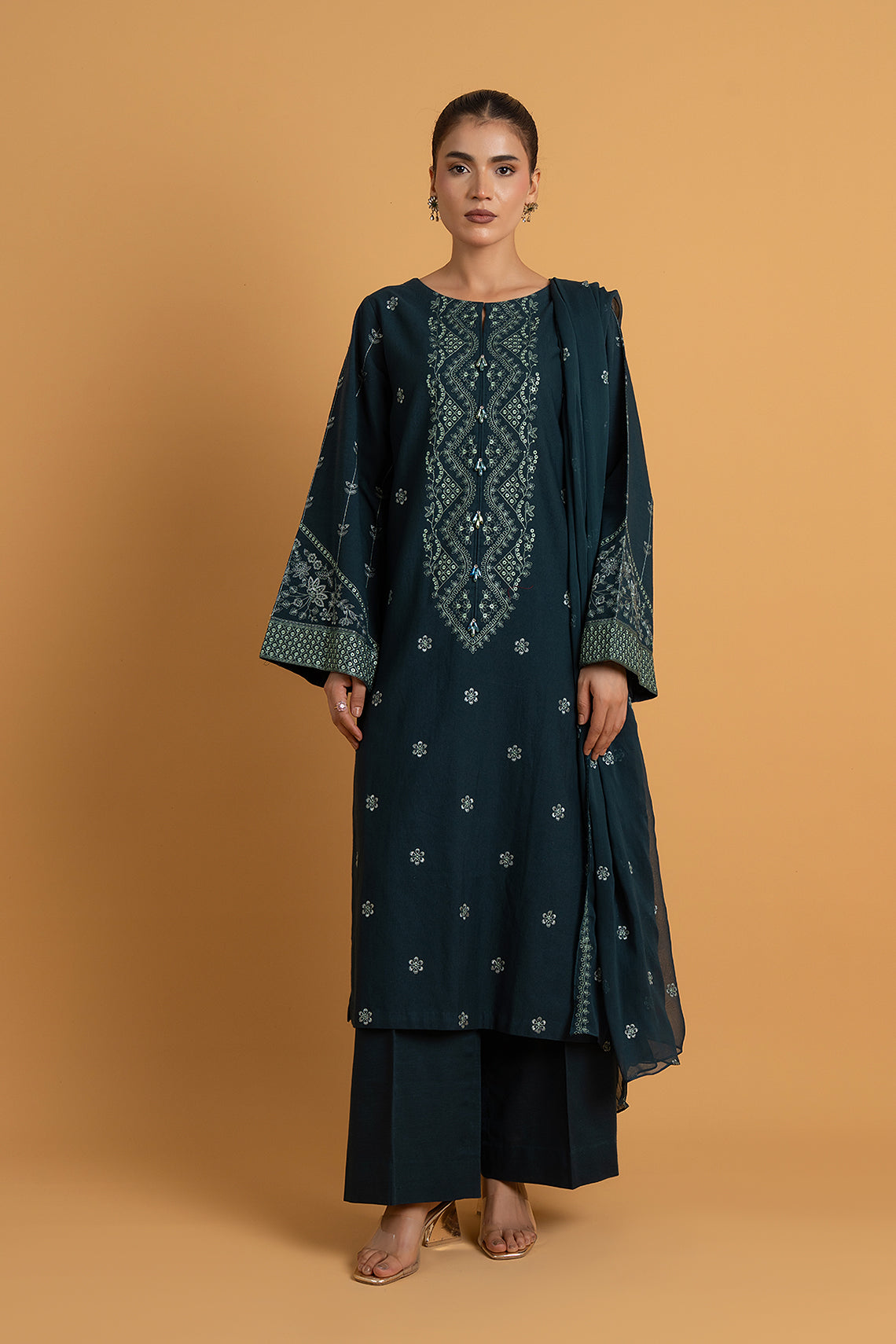Embroidered Teal Slub Khaddar 3-Piece Unstitched Suit by The Fabric Store