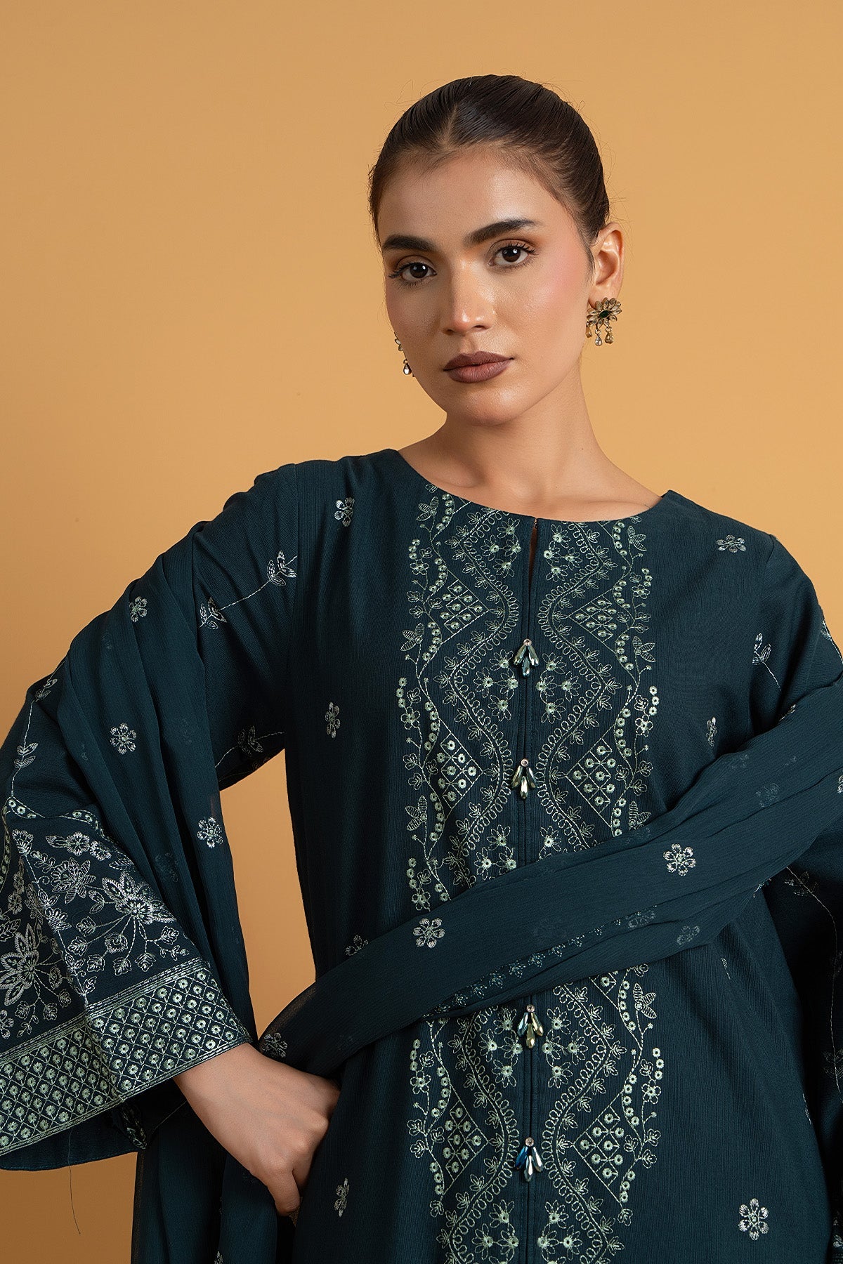 Embroidered Teal Slub Khaddar 3-Piece Unstitched Suit by The Fabric Store, photo 4