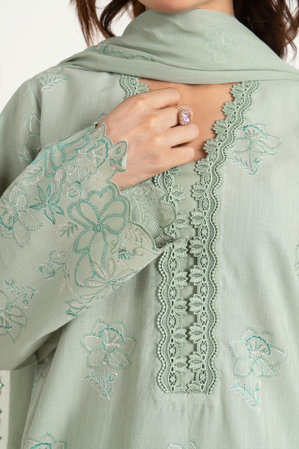 Embroidered Mint Slub Khaddar 3-Piece Unstitched Suit by The Fabric Store, photo 3