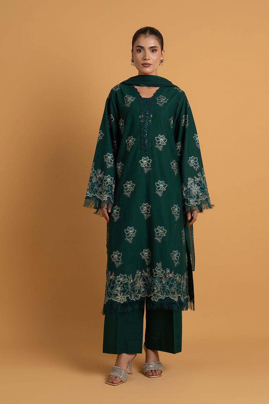 Embroidered Teal Slub Khaddar 3-Piece Unstitched Suit by The Fabric Store
