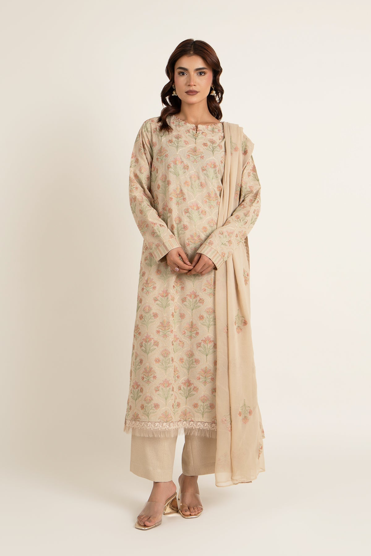 Embroidered Beige Karandi Lawn 3-Piece Unstitched Suit by The Fabric Store