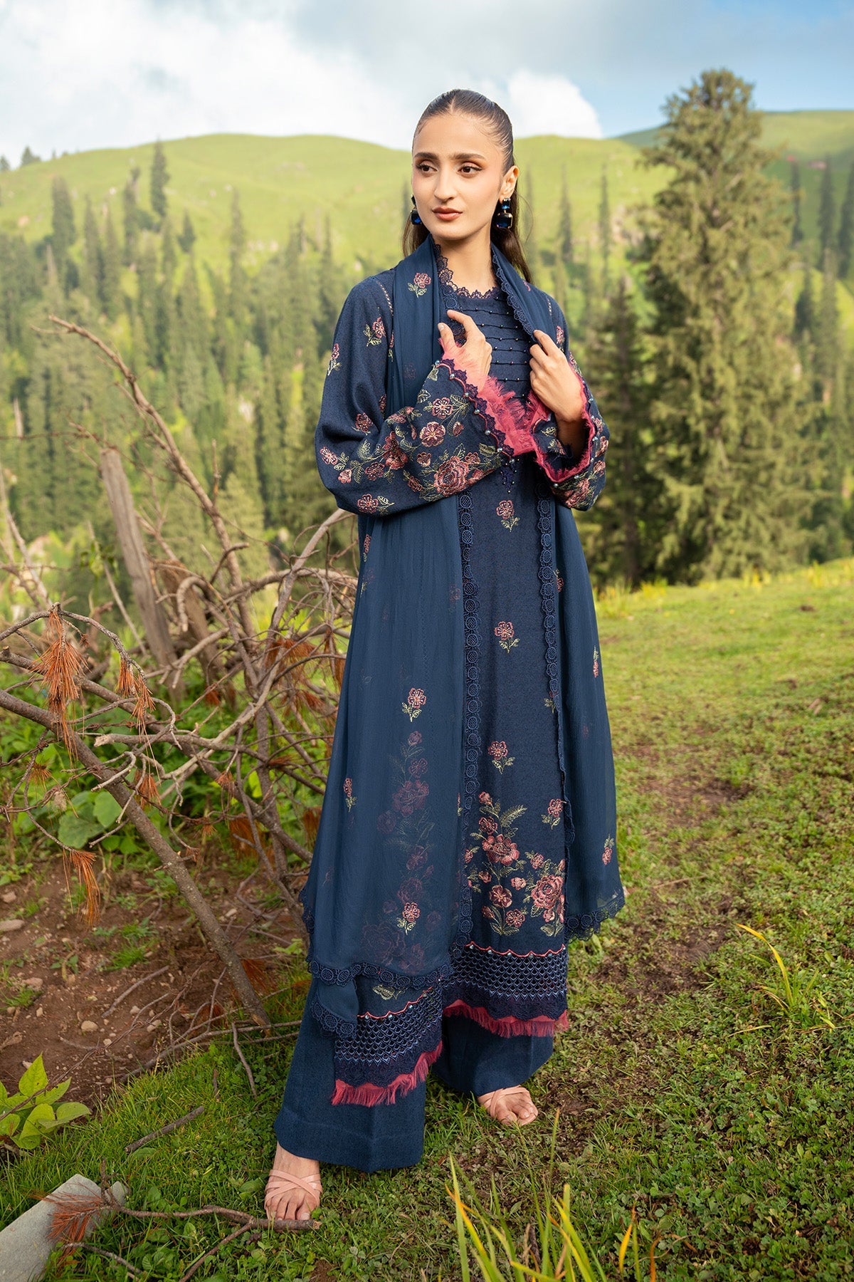 Embroidered Navy Blue Cotton Karandi 3-Piece Unstitched Suit by The Fabric Store