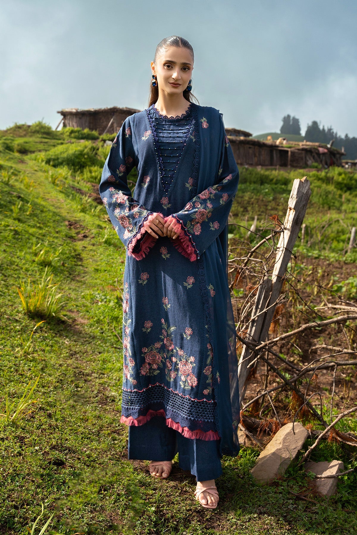 Embroidered Navy Blue Cotton Karandi 3-Piece Unstitched Suit by The Fabric Store, photo 3