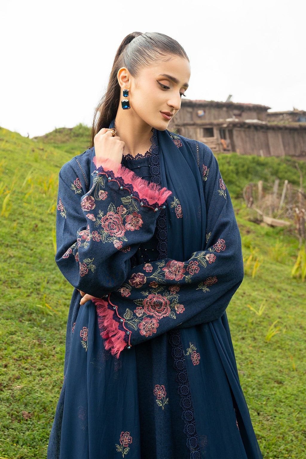 Embroidered Navy Blue Cotton Karandi 3-Piece Unstitched Suit by The Fabric Store, photo 4