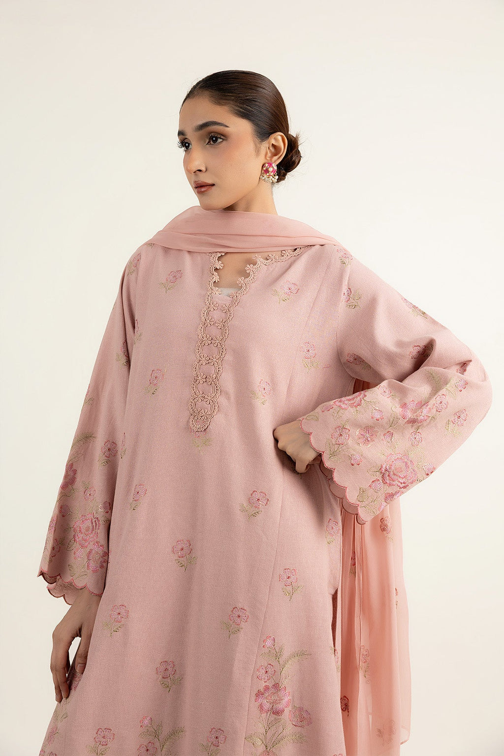 Embroidered Pink Cotton Karandi 3-Piece Unstitched Suit by The Fabric Store, photo 3