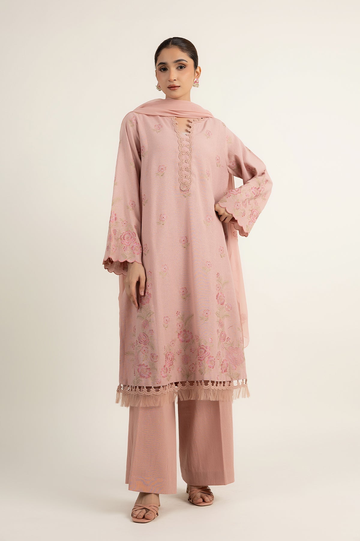 Embroidered Pink Cotton Karandi 3-Piece Unstitched Suit by The Fabric Store