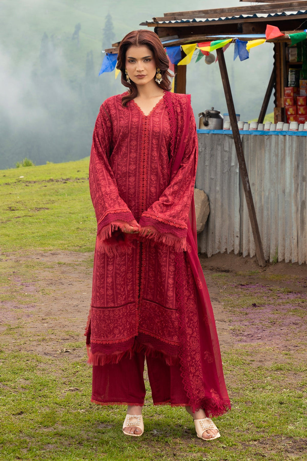 Embroidered Maroon Karandi Lawn 3-Piece Unstitched Suit by The Fabric Store