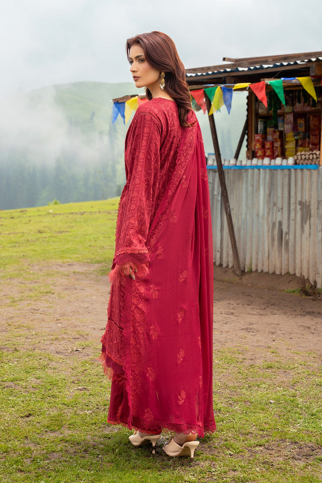 Embroidered Maroon Karandi Lawn 3-Piece Unstitched Suit by The Fabric Store, photo 2