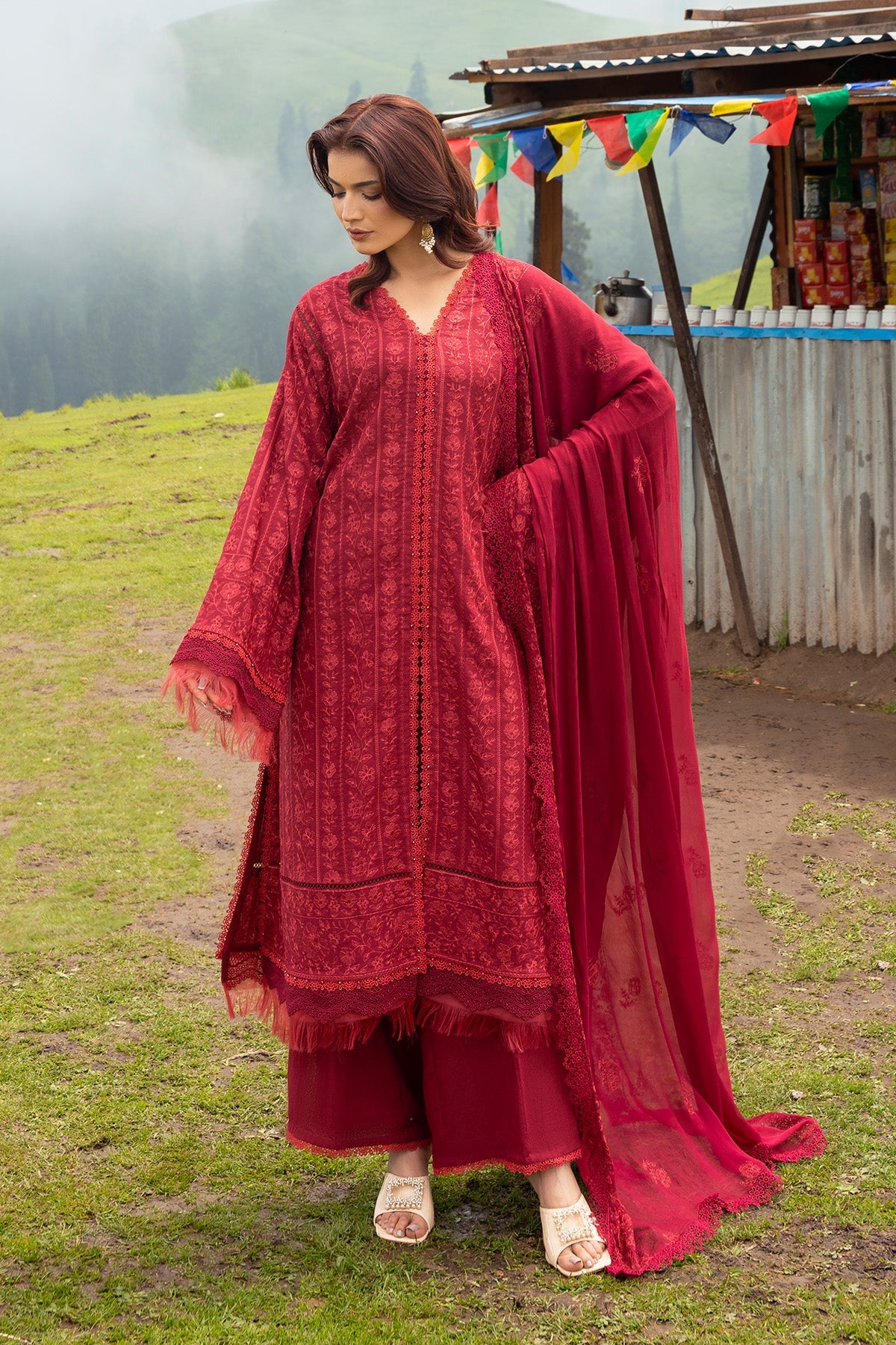 Embroidered Maroon Karandi Lawn 3-Piece Unstitched Suit by The Fabric Store, photo 3