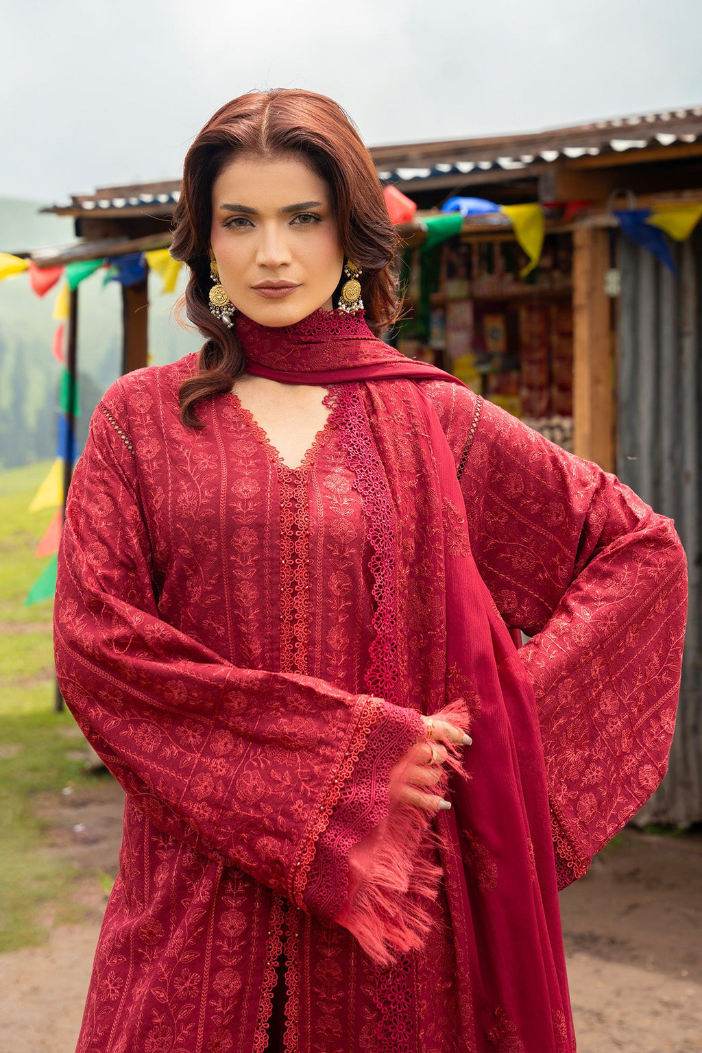 Embroidered Maroon Karandi Lawn 3-Piece Unstitched Suit by The Fabric Store, photo 4