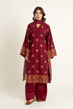 Embroidered Maroon Slub Khaddar 3-Piece Unstitched Suit by The Fabric Store
