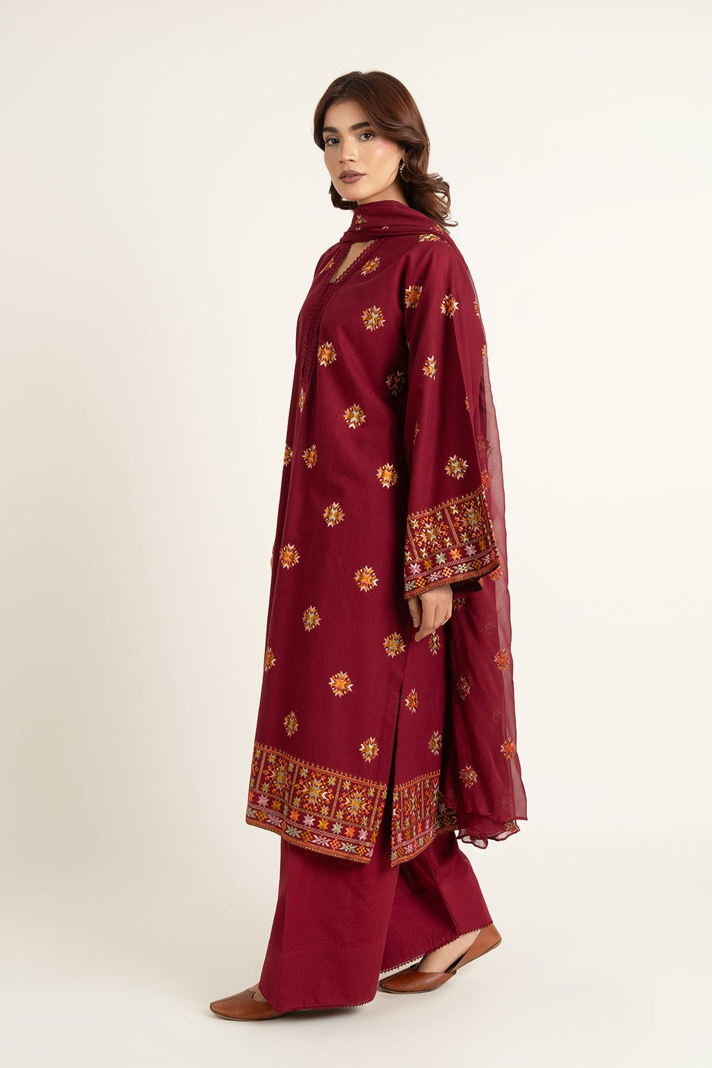 Embroidered Maroon Slub Khaddar 3-Piece Unstitched Suit by The Fabric Store, photo 4