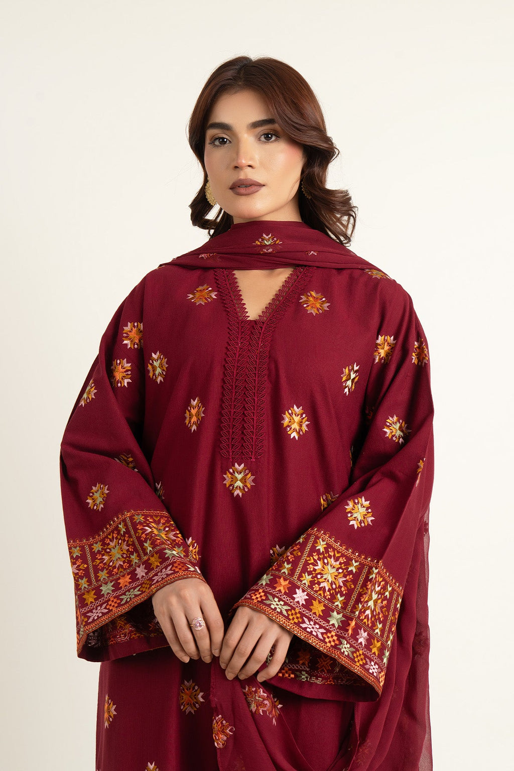 Embroidered Maroon Slub Khaddar 3-Piece Unstitched Suit by The Fabric Store, photo 5