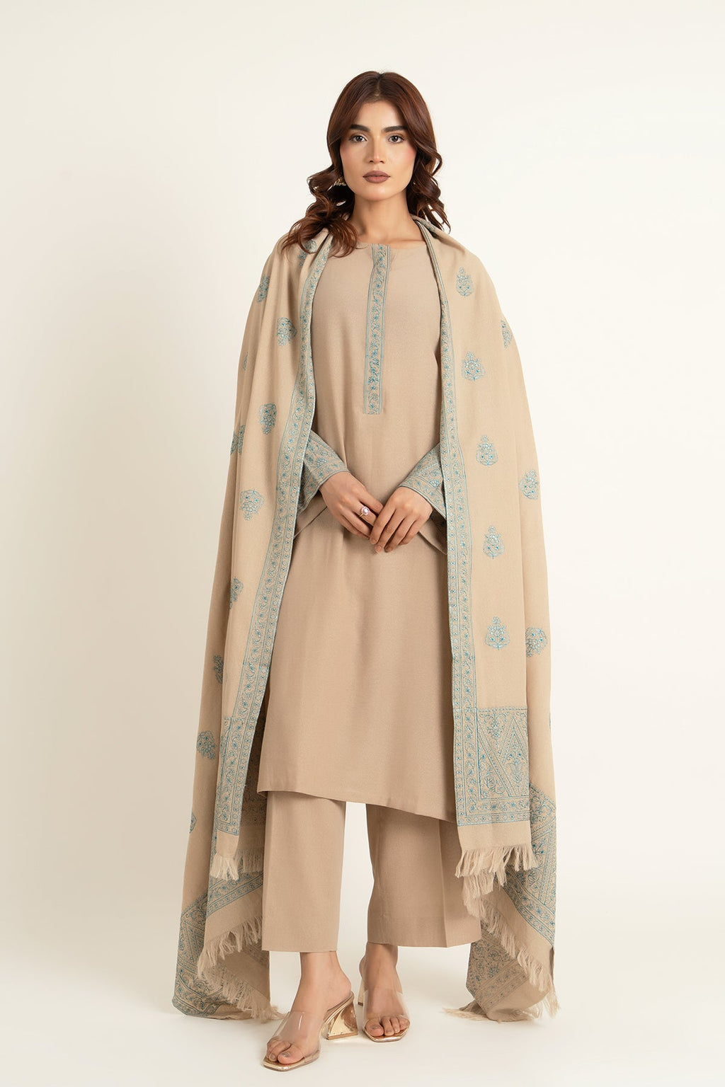 Embroidered Beige Karandi Lawn Shawl by The Fabric Store