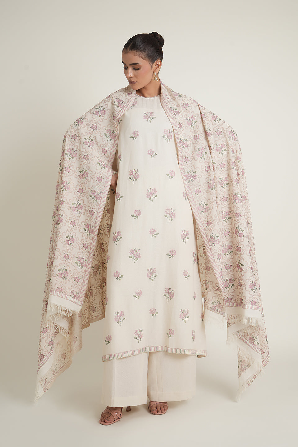 Embroidered Beige Karandi Lawn Shawl by The Fabric Store