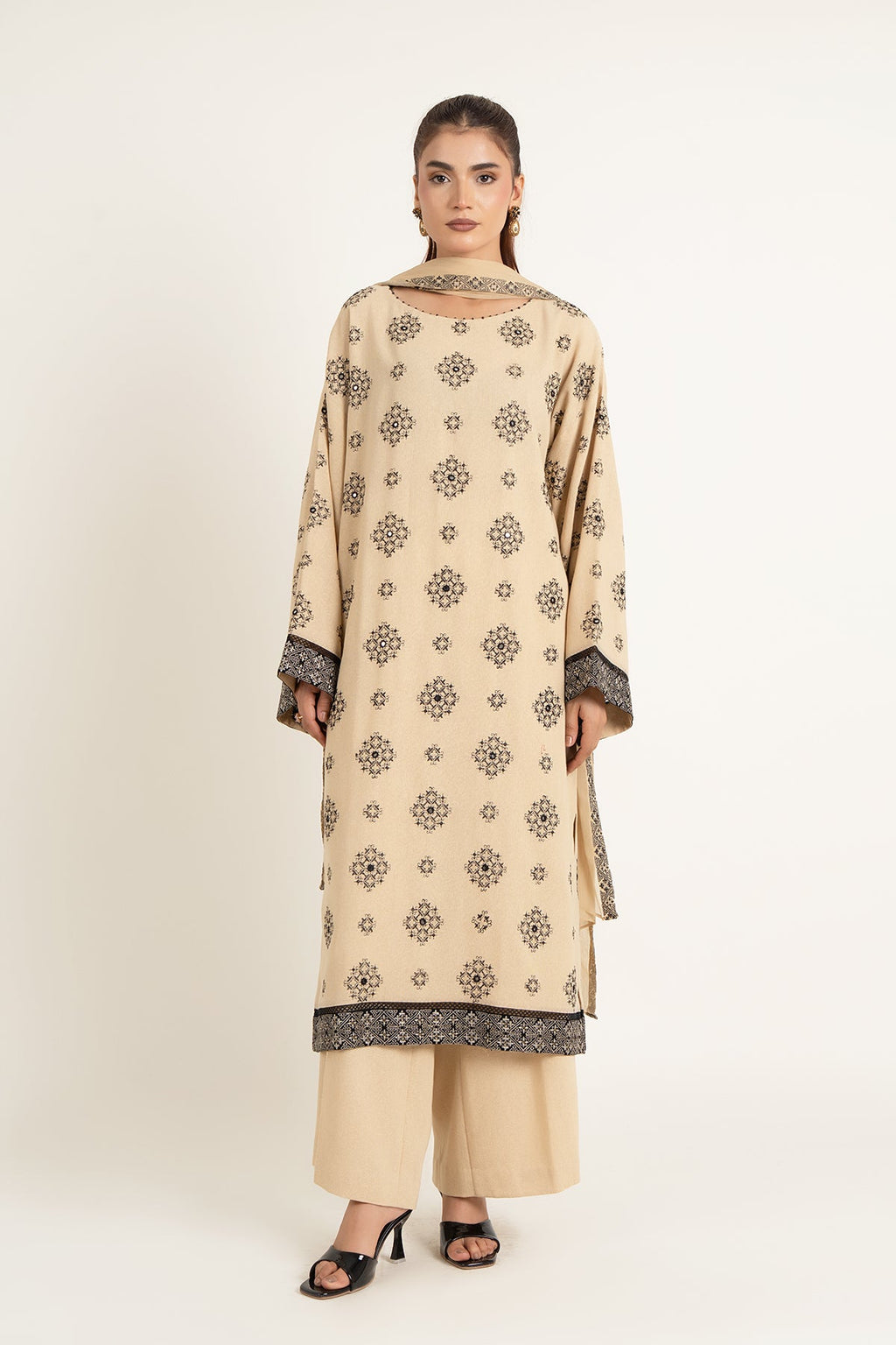Embroidered & Embellished Beige Cotton Karandi 3-Piece Unstitched Suit by The Fabric Store