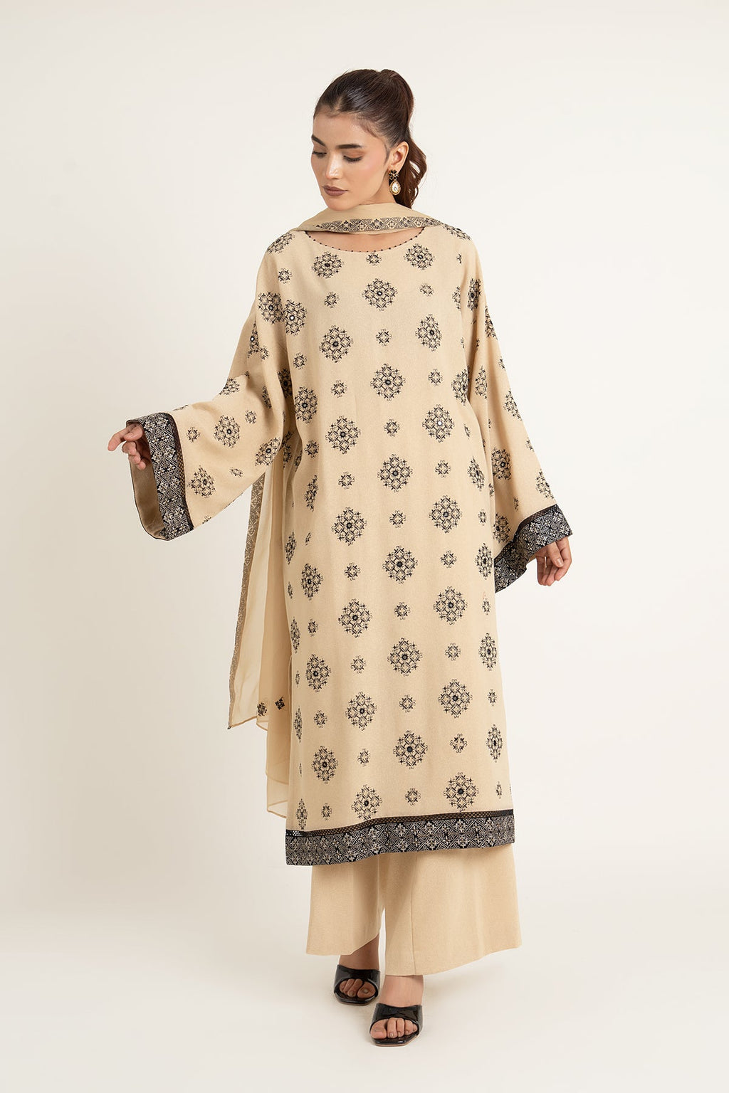 Embroidered & Embellished Beige Cotton Karandi 3-Piece Unstitched Suit by The Fabric Store, photo 2