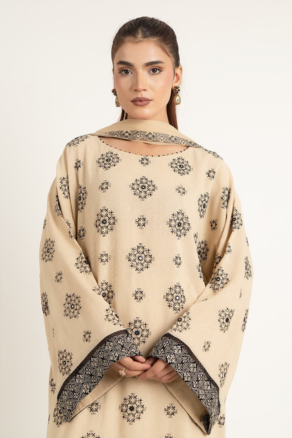 Embroidered & Embellished Beige Cotton Karandi 3-Piece Unstitched Suit by The Fabric Store, photo 3
