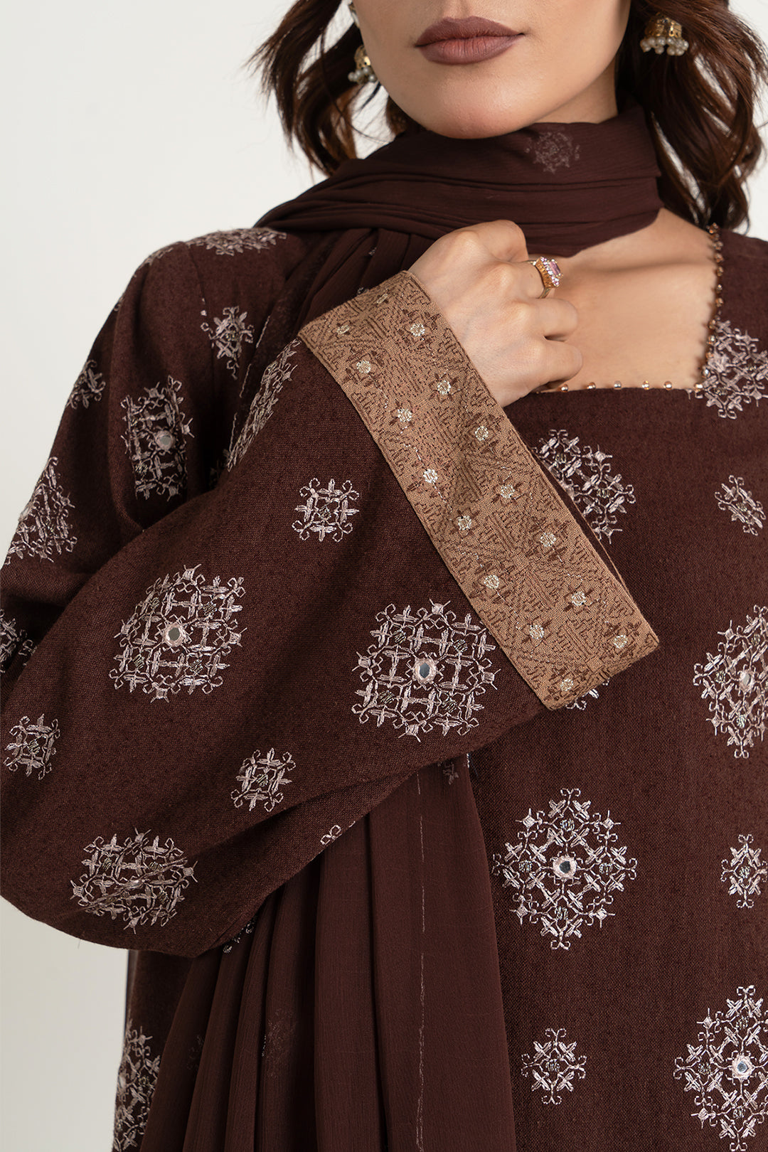 Embroidered & Embellished Brown Cotton Karandi 3-Piece Unstitched Suit by The Fabric Store, photo 3