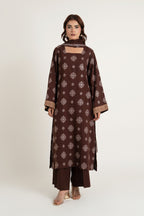 Embroidered & Embellished Brown Cotton Karandi 3-Piece Unstitched Suit by The Fabric Store