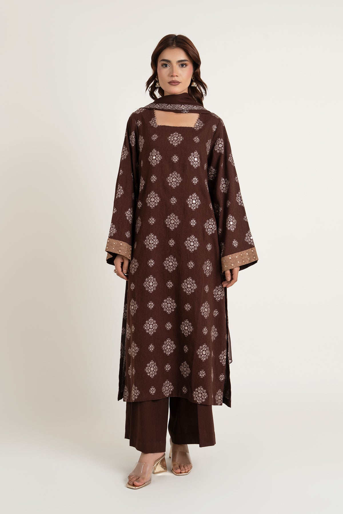Embroidered & Embellished Brown Cotton Karandi 3-Piece Unstitched Suit by The Fabric Store