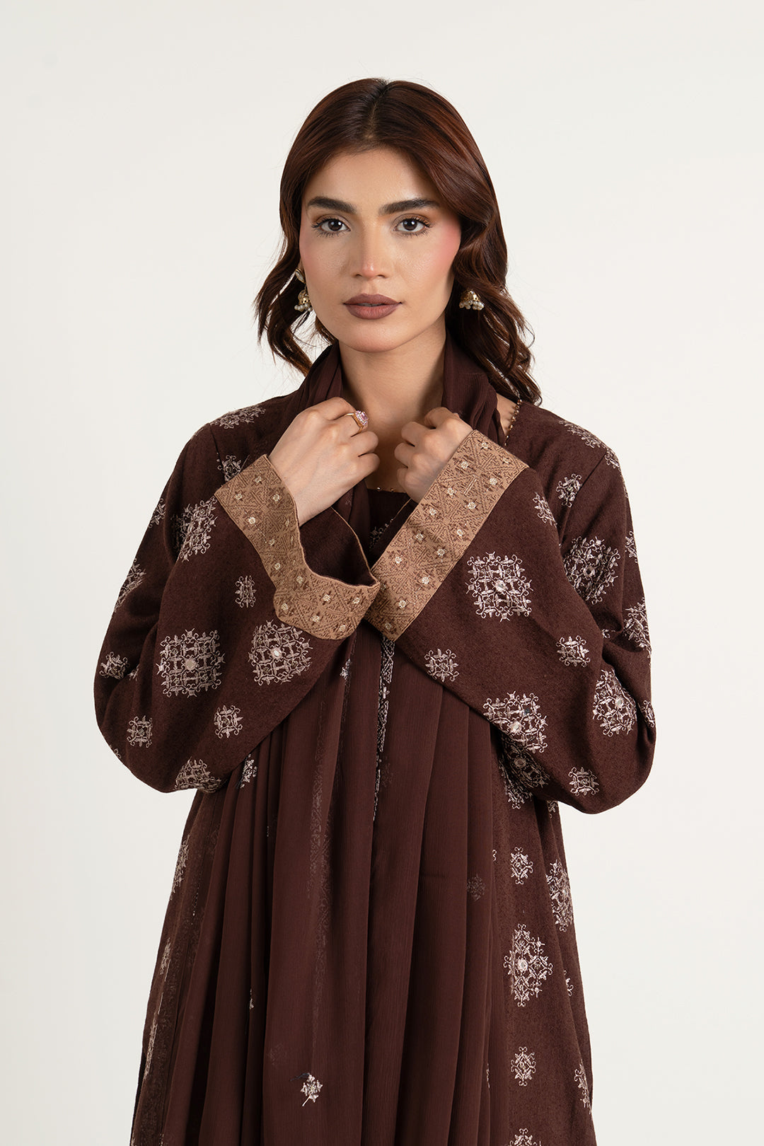 Embroidered & Embellished Brown Cotton Karandi 3-Piece Unstitched Suit by The Fabric Store, photo 4