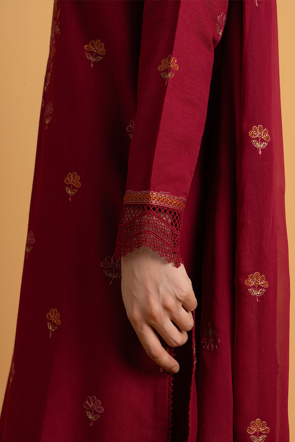 Embroidered Maroon Slub Khaddar 3-Piece Unstitched Suit by The Fabric Store, photo 4