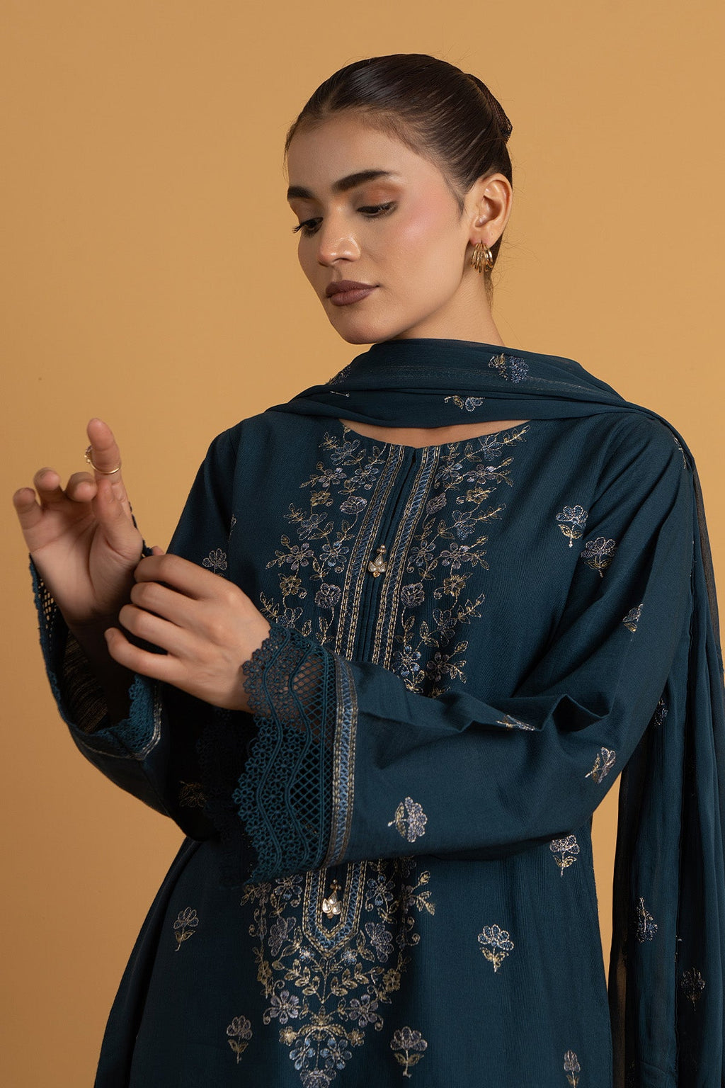 Embroidered Teal Blue Slub Khaddar 3-Piece Unstitched Suit by The Fabric Store, photo 3