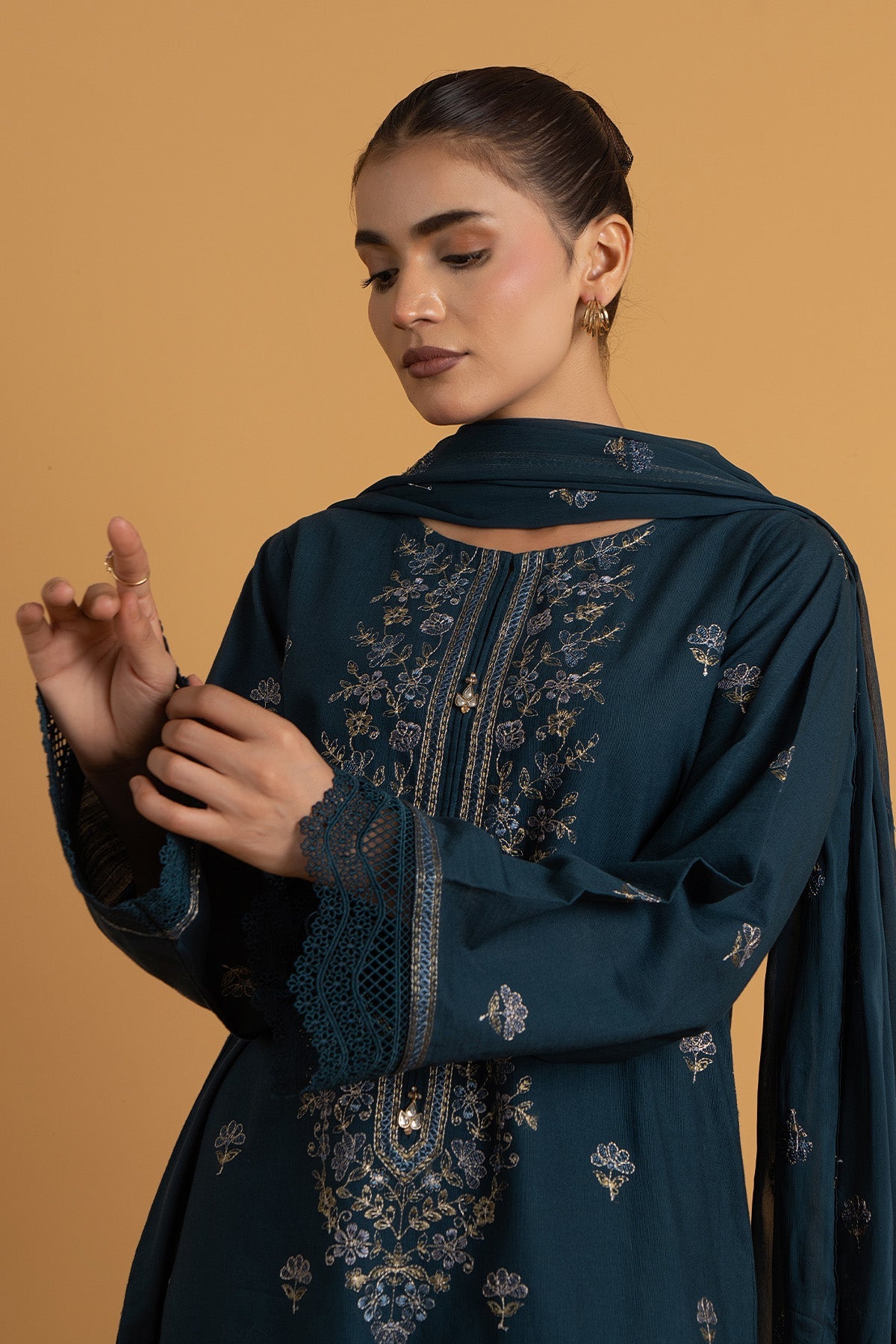 Embroidered Teal Blue Slub Khaddar 3-Piece Unstitched Suit by The Fabric Store, photo 3