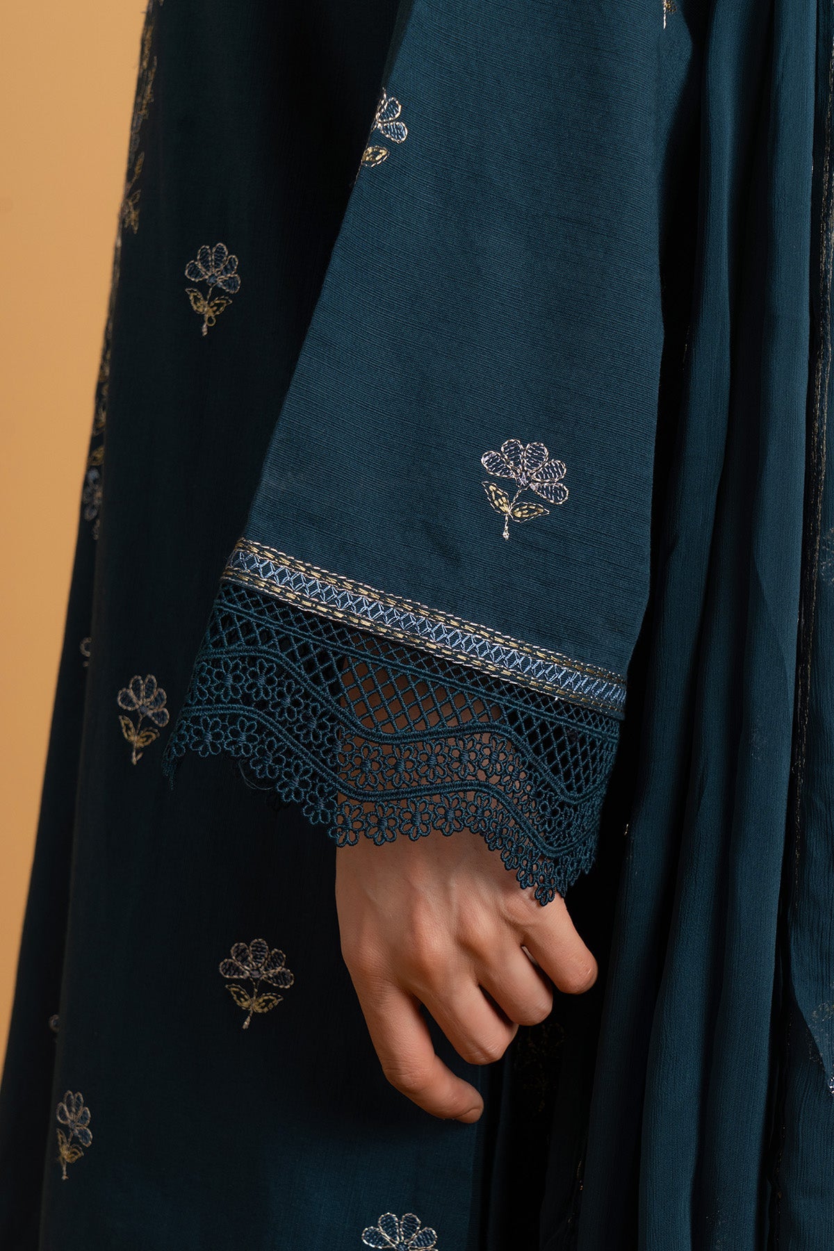 Embroidered Teal Blue Slub Khaddar 3-Piece Unstitched Suit by The Fabric Store, photo 4