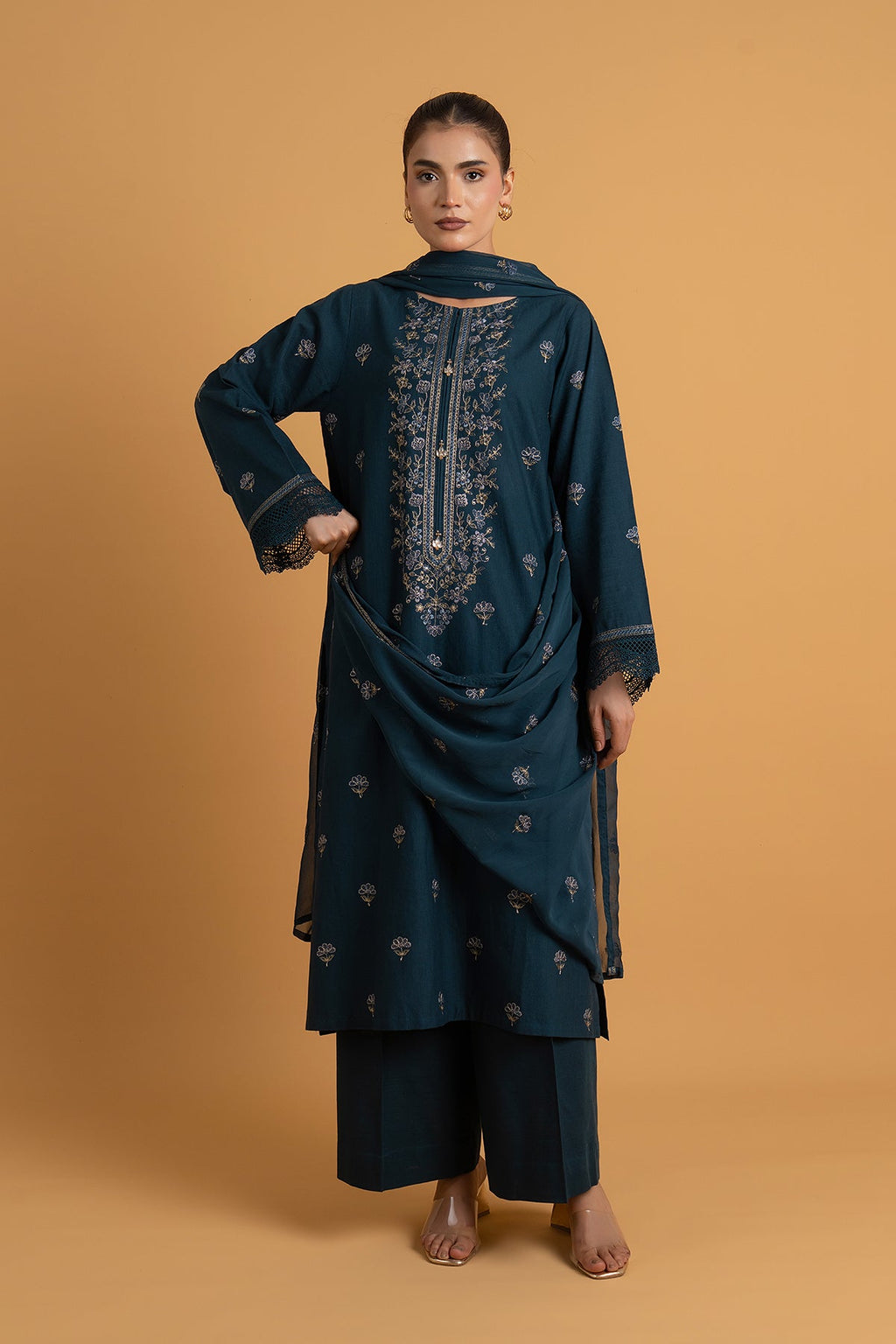 Embroidered Teal Blue Slub Khaddar 3-Piece Unstitched Suit by The Fabric Store