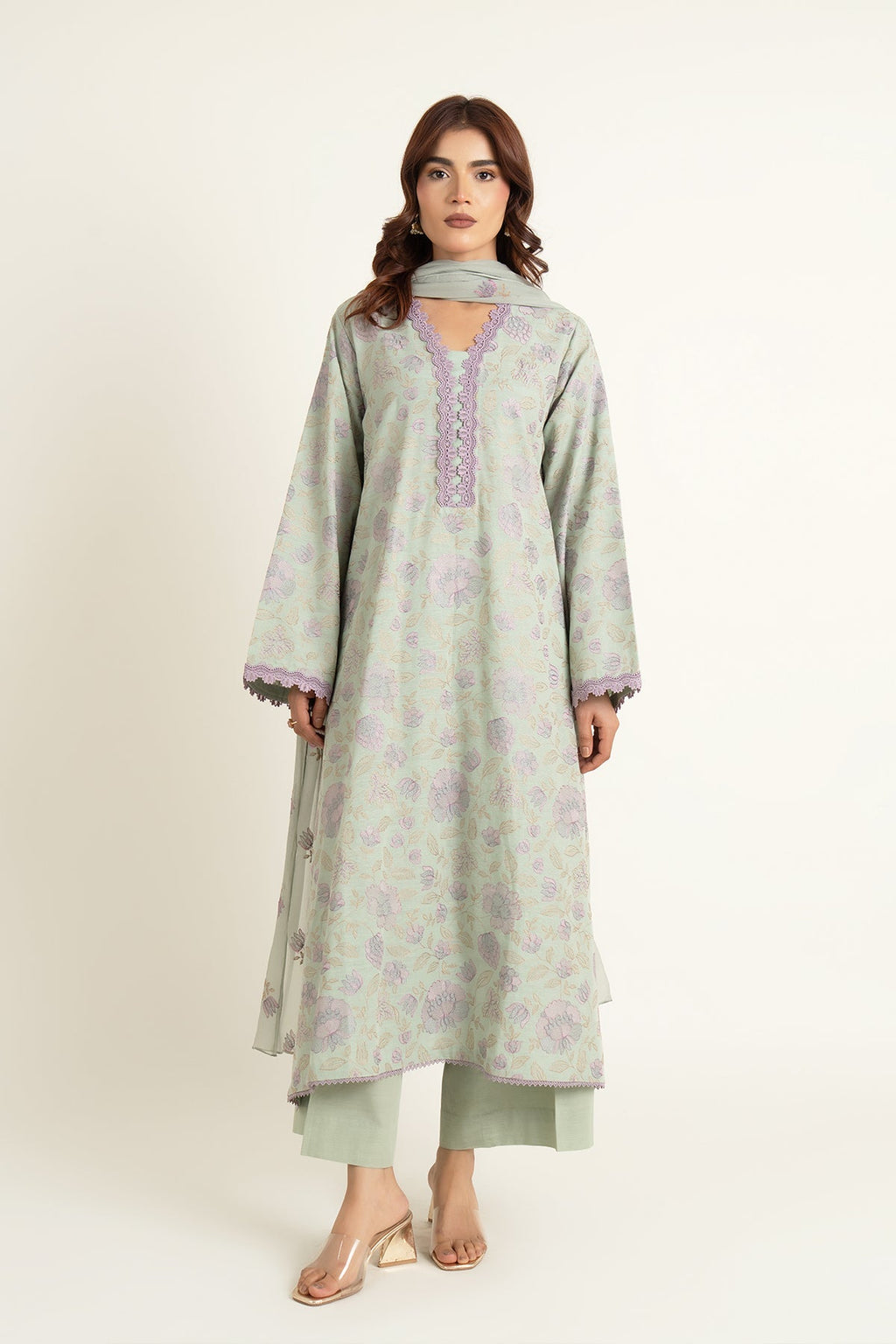 Embroidered Green Slub Khaddar 3-Piece Unstitched Suit by The Fabric Store