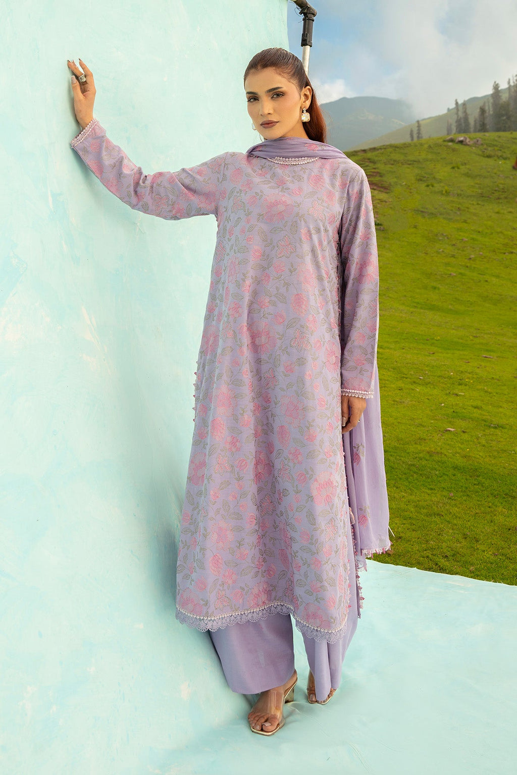 Embroidered Lilac Slub Khaddar 3-Piece Unstitched Suit by The Fabric Store