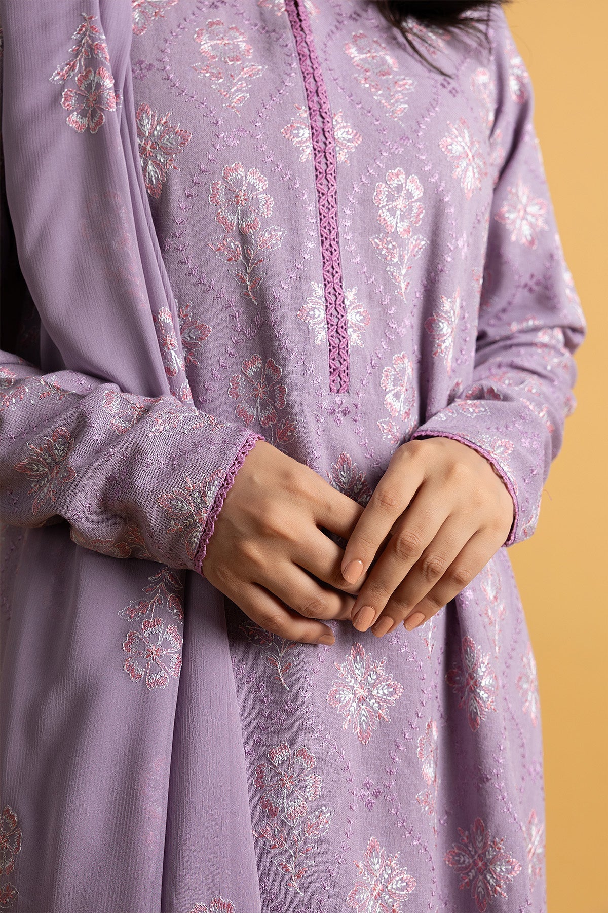 Embroidered Lilac Cotton Karandi 3-Piece Unstitched Suit by The Fabric Store, photo 5