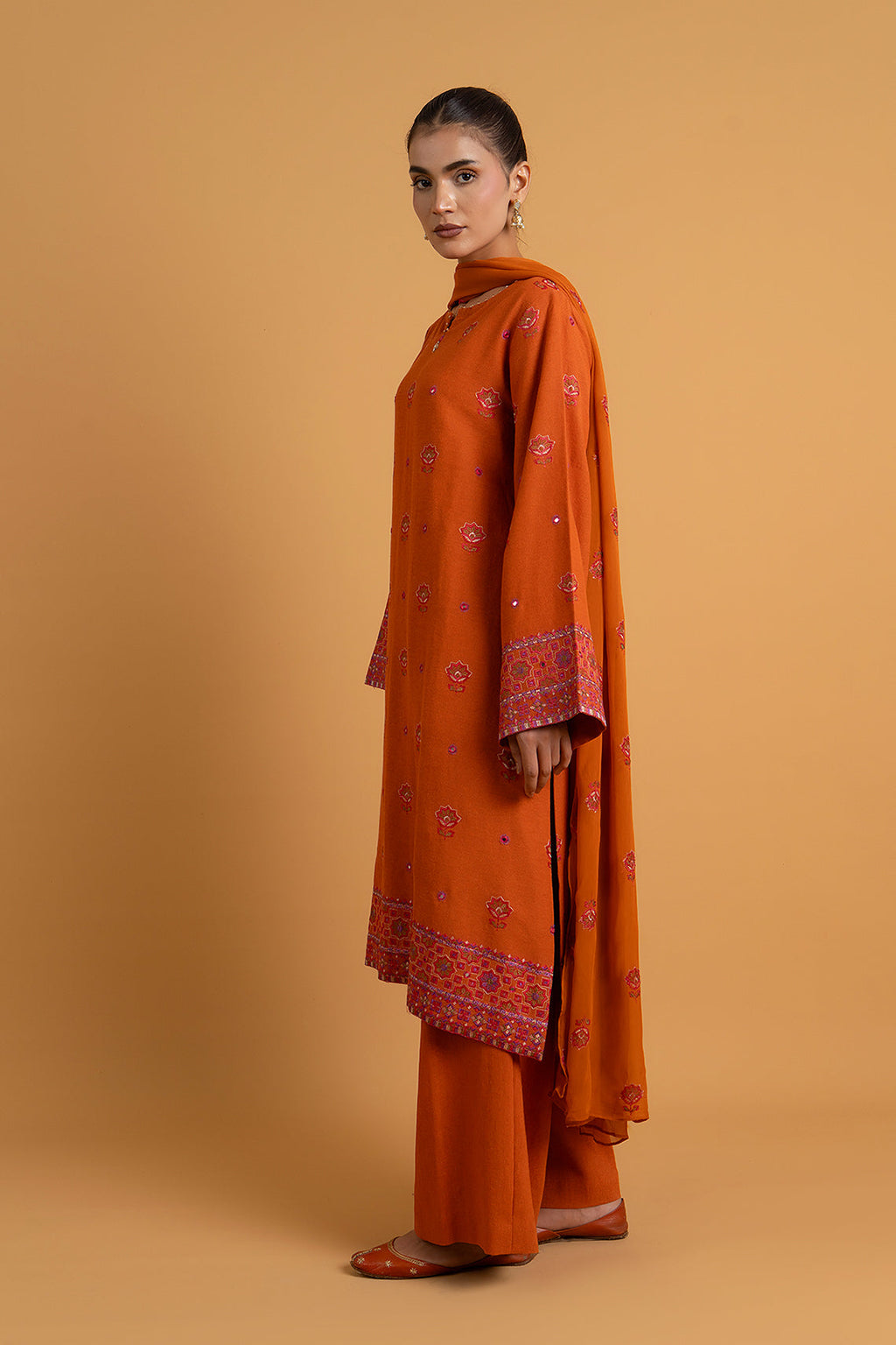 Embroidered & Embellished Orange Cotton Karandi 3-Piece Unstitched Suit by The Fabric Store, photo 2