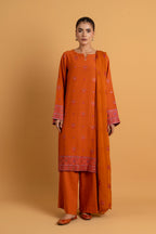 Embroidered & Embellished Orange Cotton Karandi 3-Piece Unstitched Suit by The Fabric Store