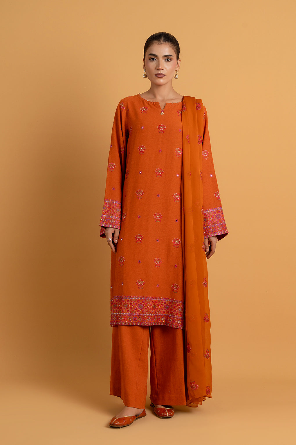 Embroidered & Embellished Orange Cotton Karandi 3-Piece Unstitched Suit by The Fabric Store