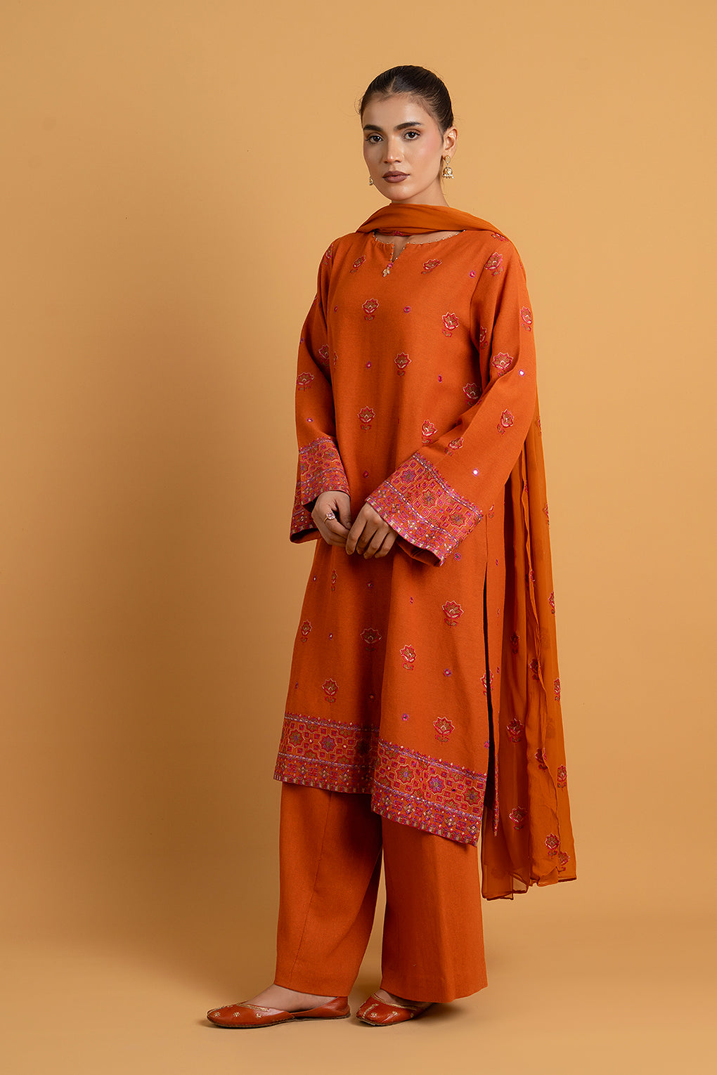 Embroidered & Embellished Orange Cotton Karandi 3-Piece Unstitched Suit by The Fabric Store, photo 3