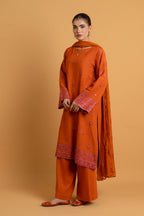 Embroidered & Embellished Orange Cotton Karandi 3-Piece Unstitched Suit by The Fabric Store, photo 3