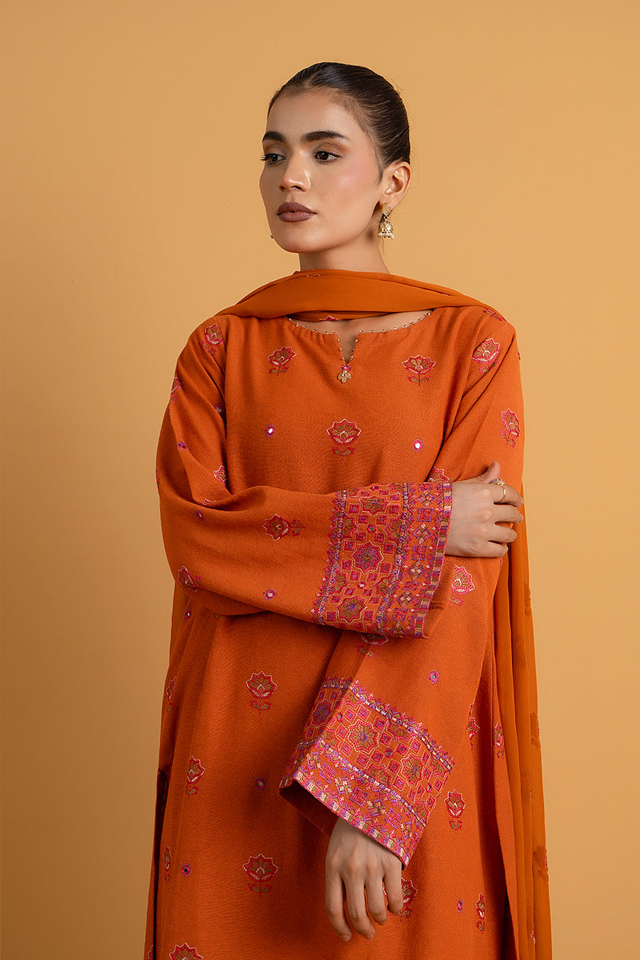 Embroidered & Embellished Orange Cotton Karandi 3-Piece Unstitched Suit by The Fabric Store, photo 4