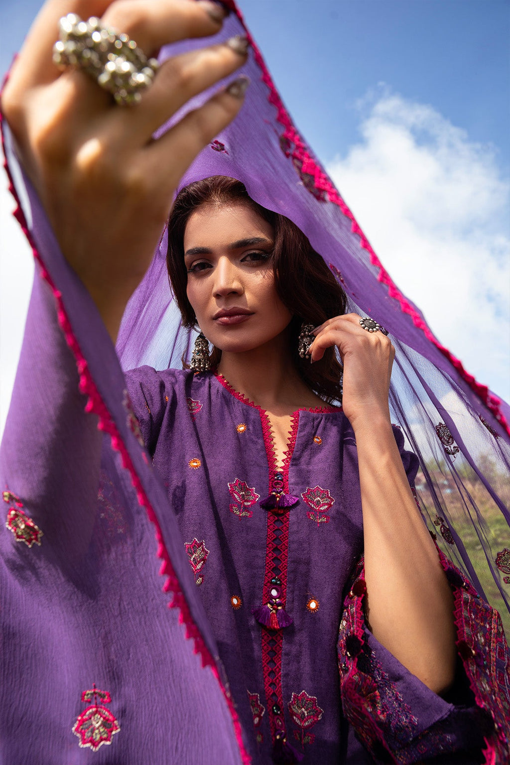 Embroidered & Embellished Purple Cotton Karandi 3-Piece Unstitched Suit by The Fabric Store, photo 4