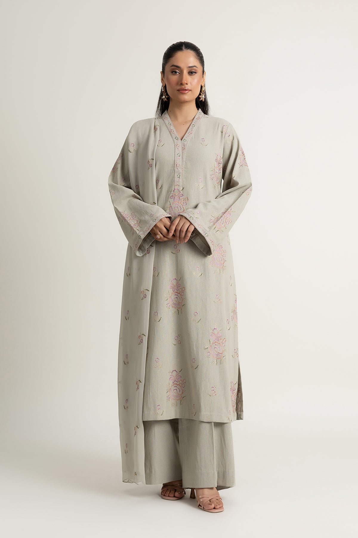 Embroidered Grey Cotton Karandi 3-Piece Unstitched Suit by The Fabric Store