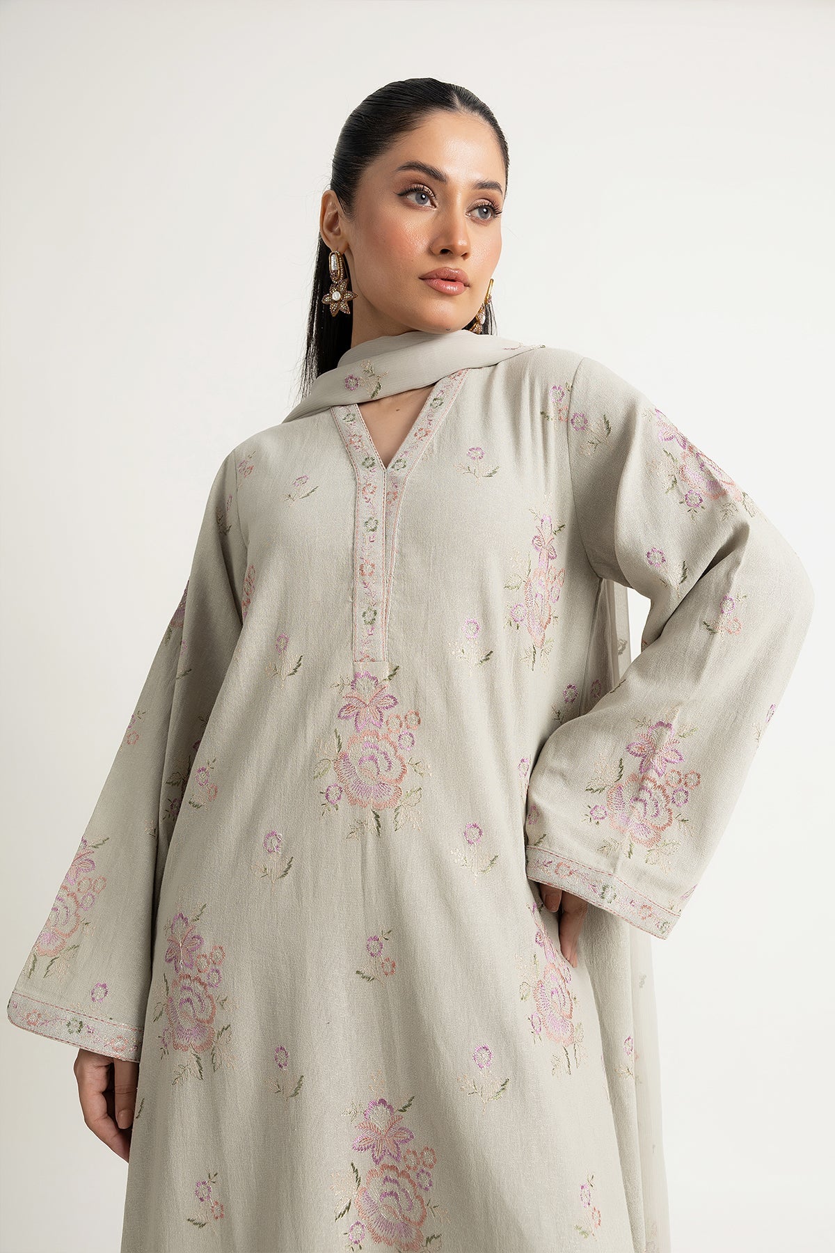 Embroidered Grey Cotton Karandi 3-Piece Unstitched Suit by The Fabric Store, photo 3